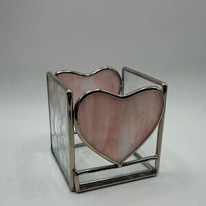 Pink Heart Stained Glass Candle Holder 3”x3”